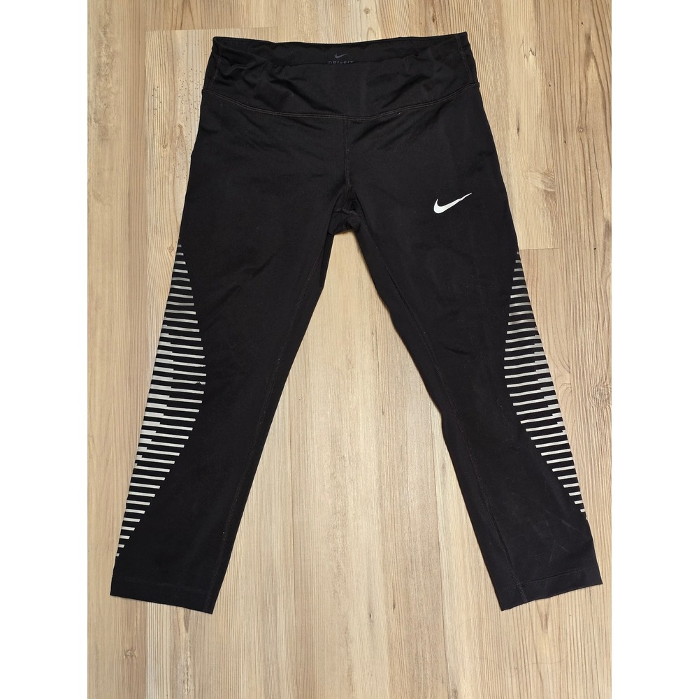 Nike Dri-FIT Running Leggings Womens Medium Black Reflective Striped Crop Tights